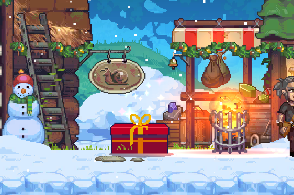 Miners Settlement location with winter holiday theme and present 