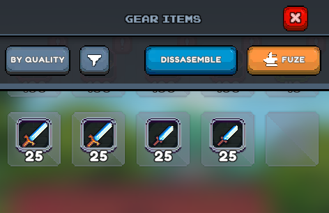 Inventory tab with Dissasemble and Fuze button