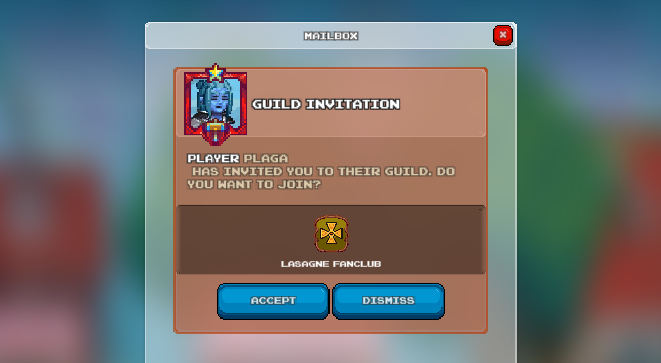 In-game notification window. At the top, a guild invitation to "Lasagne Fanclub" from the player "Plaga".
