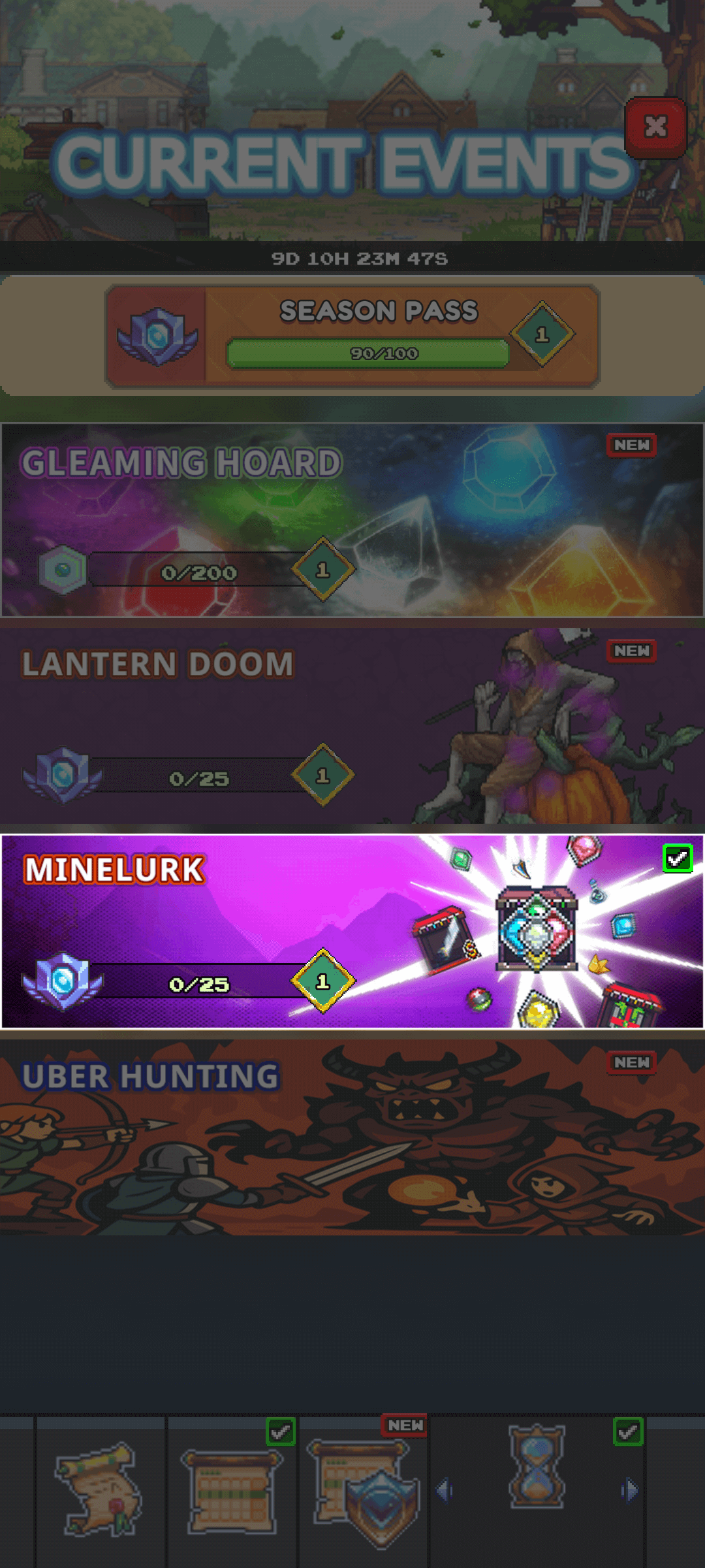 A mobile game screenshot showcasing various in-game events and features. The top section displays "CURRENT EVENTS" with a countdown timer. Below that is a "SEASON PASS" progress bar. Subsequent sections highlight different event types: "GLEAMING HOARD" with a progress of 0/200, "LANTERN DOOM" at 0/25, and "MINELURK" also at 0/25, which is currently highlighted. The "MINELURK" section features a vibrant purple background with various in-game items and a glowing central icon. The bottom section shows "UBER HUNTING" and a row of icons representing different in-game menus or items.