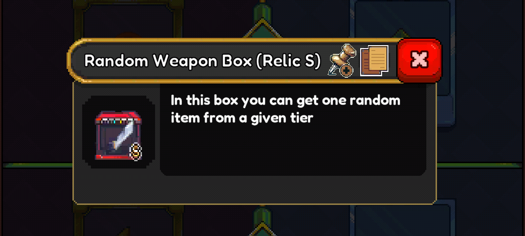 A mobile game pop-up window titled "Random Weapon Box (Relic S)". The pop-up displays an icon of a treasure chest with a sword emblem and the explanatory text: "In this box you can get one random item from a given tier". There is a red 'X' button in the top right corner to close the pop-up.