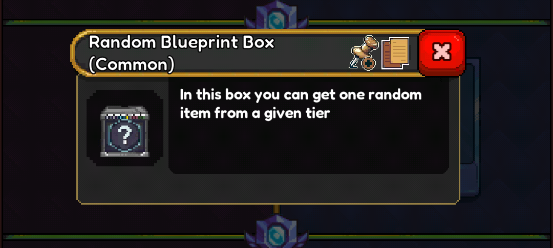 A mobile game pop-up window titled "Random Blueprint Box (Common)". The pop-up displays an icon of a treasure chest with a question mark emblem and the explanatory text: "In this box you can get one random item from a given tier". There is a red 'X' button in the top right corner to close the pop-up.