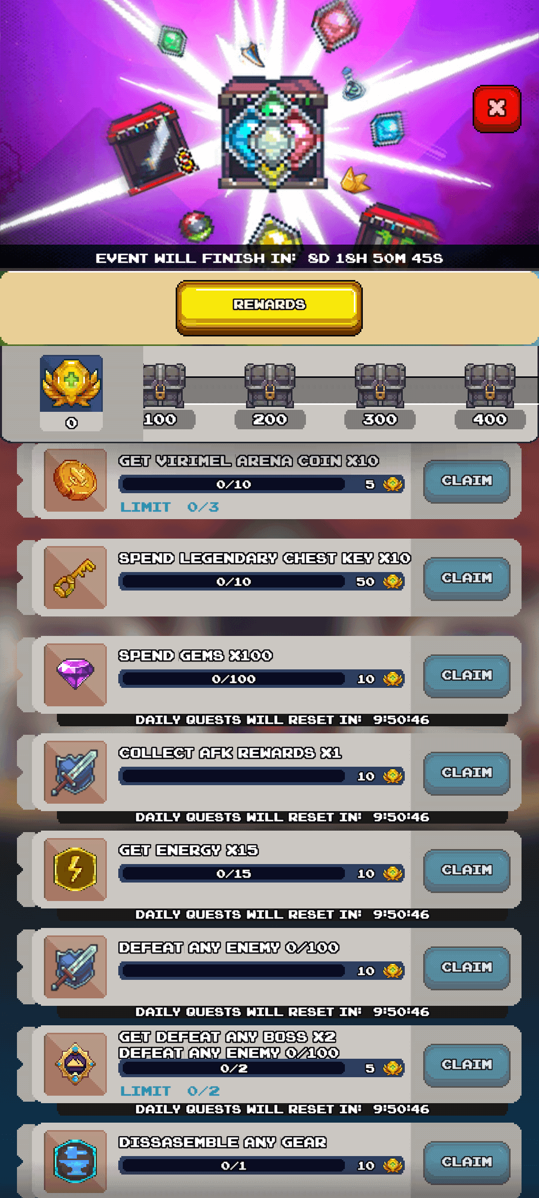 A mobile game screenshot displaying the "MINELURK" event details, previously highlighted. The top section shows a vibrant purple background with various floating in-game items around a central glowing box, and a timer indicating "EVENT WILL FINISH IN: 5D 18H 50M 45S". Below this, a yellow "REWARDS" button is prominent. The screen then lists various quests with progress bars and "CLAIM" buttons: "GET VIRINEL AUREN COIN X 5" (0/10), "SPEND LEGENDARY CHEST KEY X 10", "SPEND GEMS X 100", "COLLECT AFK REWARDS X 1", "GET ENERGY X 15", "DEFEAT ANY ENEMY X 100", "DEFEAT ANY BOSS X 2", and "DISASSEMBLE ANY GEAR" (0/1). Many of these quests also indicate "DAILY QUESTS WILL RESET IN" with a countdown timer.