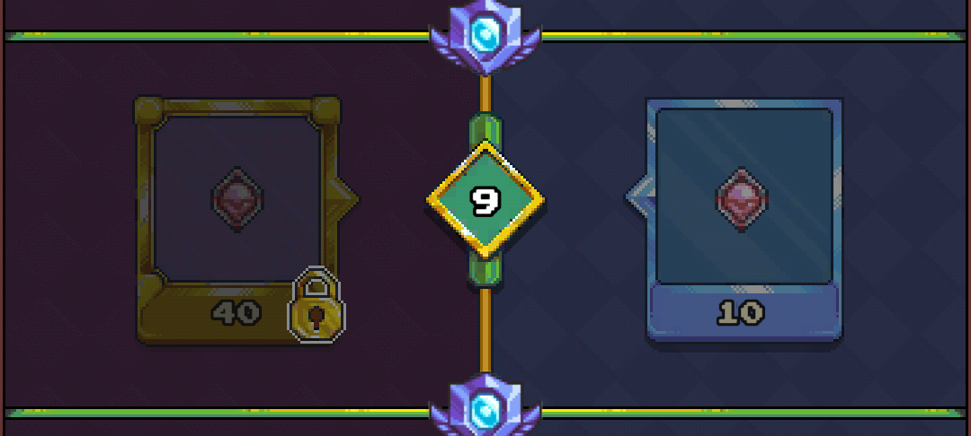 A mobile game interface showing a progression path with two reward tiers. On the left, a golden-framed slot containing a pink diamond icon and the number "40" is locked. On the right, a blue-framed slot also contains a pink diamond icon and the number "10". A green and gold diamond-shaped node with the number "9" in the center connects the two slots via a vertical green and gold line, implying a progression or level.