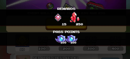 A mobile game interface showing a "REWARDS" section with two types of red crystal icons, one with a quantity of "15" and another with "250". Below this is a "PASS POINTS" section displaying two purple-blue glowing badges, each marked "100". The background has elements of an in-game event.