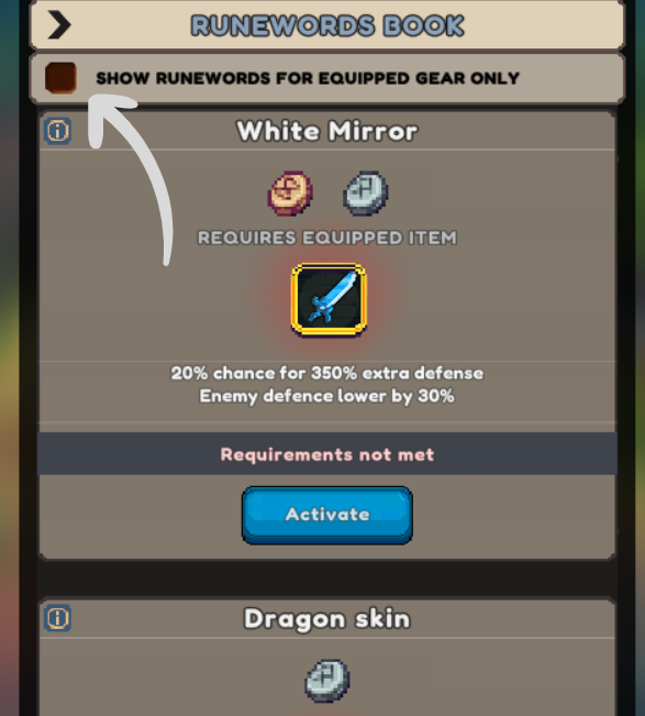 Video game interface showing the "Runewords Book." The "White Mirror" runeword is highlighted, offering a 20% chance for significantly increased defense and a reduction in enemy defense. It requires an equipped item, and the requirements are currently not met. An option to "Show Runewords for Equipped Gear Only" is visible.