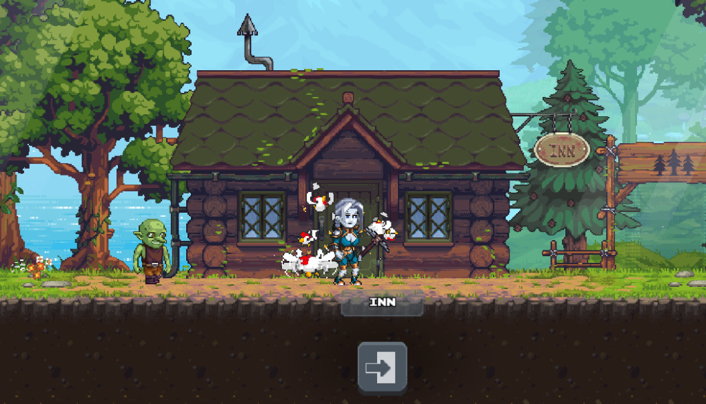 Pixel art scene from a mobile game showing a character with white hair and blue skin standing in front of a log cabin labeled "INN," surrounded by white chickens. To the left is a green goblin-like character, and to the right is a wooden sign also reading "INN." The background features trees and a body of water. Below are buttons labeled "INN" and an exit icon.
