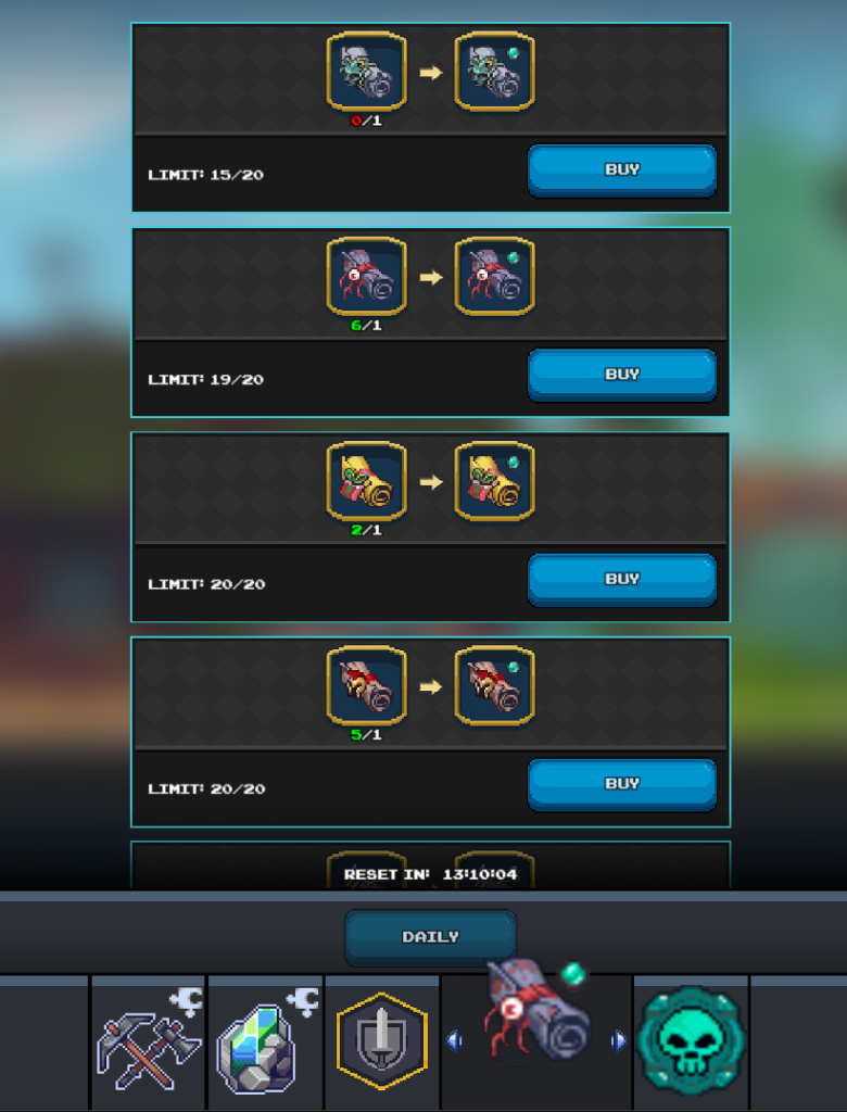 Mobile game shop interface displaying four items available for purchase: a green and grey scroll (0/1, limit 15/20), a red and blue scroll (6/1, limit 19/20), a yellow and green scroll (2/1, limit 20/20), and an orange and black scroll (5/1, limit 20/20). Each item shows an icon of the scroll, an arrow indicating purchase, the quantity owned versus the quantity to buy, and a "BUY" button. The shop also indicates a "RESET IN 13:10:04" and has a "DAILY" tab selected at the bottom.