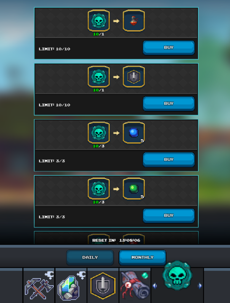 Mobile game shop interface under the "MONTHLY" tab, displaying four exchange options: 10 skull tokens for a red potion (limit 10/10), 10 skull tokens for a shield icon (limit 10/10), 10 skull tokens for 5 blue gems (currently 10/3 owned, limit 3/3), and 10 skull tokens for 5 green gems (currently 10/3 owned, limit 3/3). Each option has a "BUY" button. The shop indicates a "RESET IN 13:05:06."