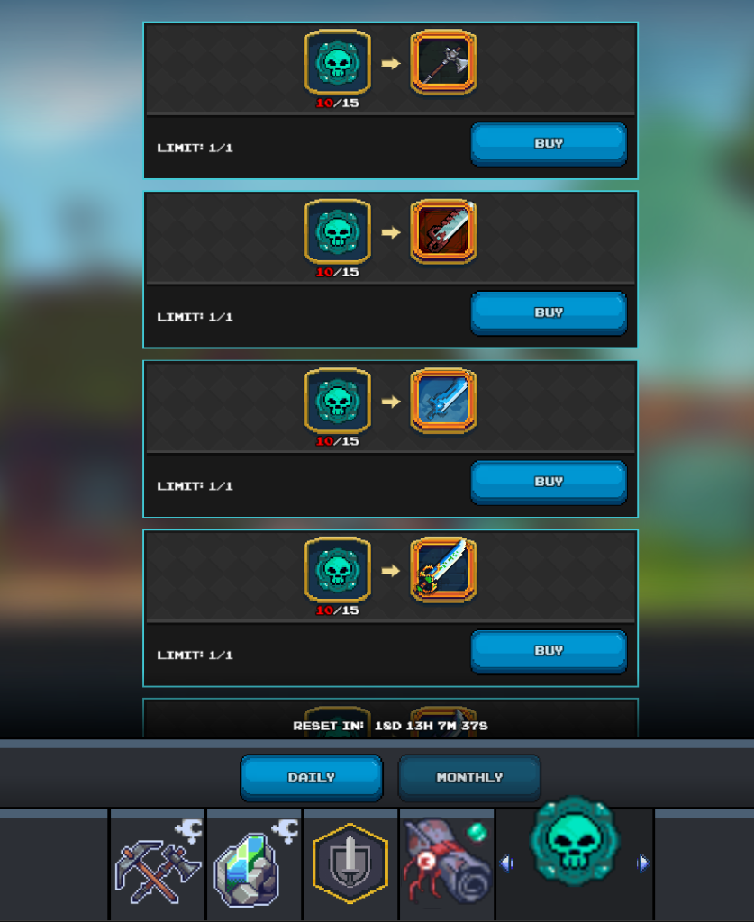 Mobile game shop interface under the "MONTHLY" tab, displaying four exchange options: 10 skull tokens for an axe (limit 1/1), 10 skull tokens for a crossbow (limit 1/1), 10 skull tokens for a sword (limit 1/1), and 10 skull tokens for another, differently styled sword (limit 1/1). Each option shows the skull token icon, an arrow indicating exchange, the item icon, and a "BUY" button. The shop indicates a "RESET IN 1SD 13H 7M 37S."
