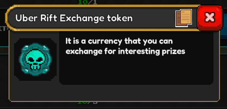 Mobile game item description for "Uber Rift Exchange Token," showing its skull icon and text that reads, "It is a currency that you can exchange for interesting prizes." The title bar also displays "Uber Rift Exchange Token," and a red close button is in the upper right corner.
