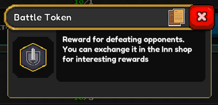 Mobile game item description for "Battle Token," showing its shield and sword icon and text that reads, "Reward for defeating opponents. You can exchange it in the Inn shop for interesting rewards." The title bar also displays "Battle Token," and a red close button is in the upper right corner.
