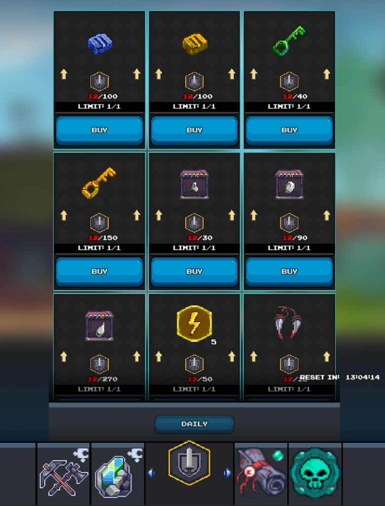 Mobile game shop interface under the "DAILY" tab, displaying nine items for purchase using a blue gem-like currency. The items include a blue chest (12/100 owned, limit 1/1), a gold chest (12/100 owned, limit 1/1), a green key (12/40 owned, limit 1/1), a gold key (12/150 owned, limit 1/1), a purple potion (12/30 owned, limit 1/1), another purple potion with a different label (12/90 owned, limit 1/1), a white scroll (12/270 owned, limit 1/1), a lightning bolt icon with the number 5 (12/50 owned, limit 1/1), and a pair of red fangs (12/170 owned, limit 1/1). Each item has an upward arrow indicating purchase and a "BUY" button. The shop indicates a "RESET IN 13:04:14."