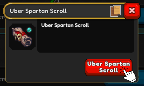 Mobile game interface displaying information about the "Uber Spartan Scroll" item, showing its icon and a button to use it, with a title bar also reading "Uber Spartan Scroll" and a close button.