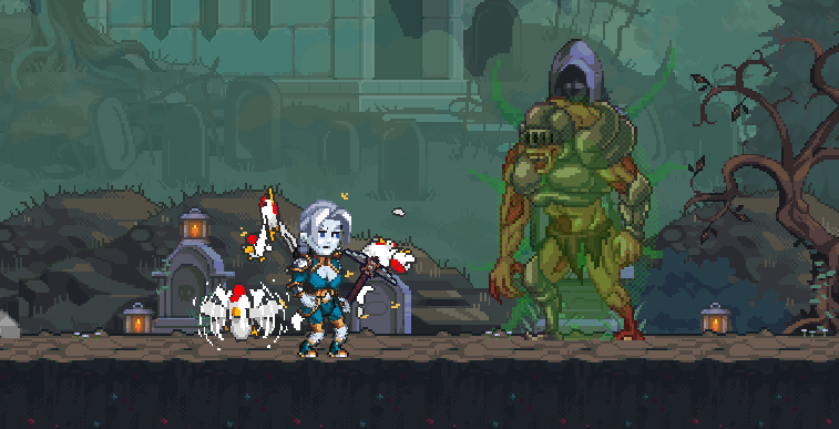 Pixel art scene from a mobile game depicting a battle. On the left, a white-haired, blue-skinned character in blue and gold armor wields a large, ornate axe against several small, white, ghostly figures. On the right stands a large, green, armored monster with glowing green eyes and a hooded figure partially merged with it. The background shows a dark, swampy area with tombstones, lanterns, and a ruined stone structure.