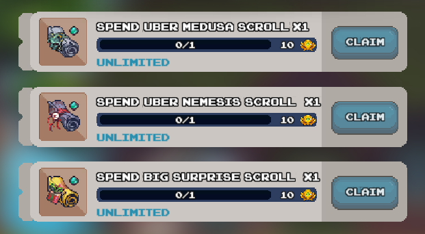 Mobile game tasks to spend scrolls: Uber Medusa Scroll (0/1), Uber Nemesis Scroll (0/1), and Big Surprise Scroll (0/1), each offering 10 gold as a reward and unlimited attempts, with "Claim" buttons visible.