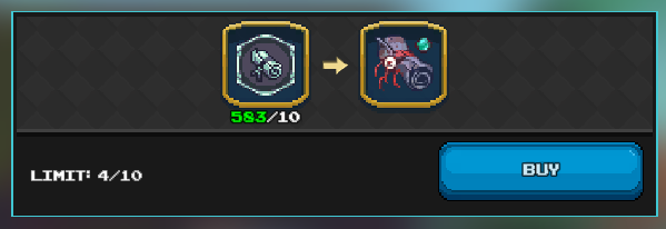 Mobile game shop item showing the exchange of a blue icon with a shovel and the number "10" for a red and blue scroll. The player currently has "583/10" of the required icons. The purchase is limited to "4/10" and a blue "BUY" button is visible.