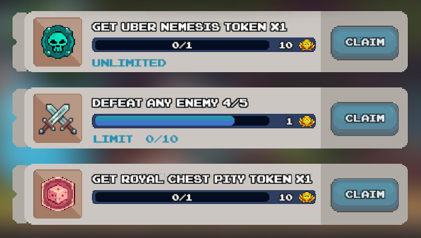 Mobile game tasks with rewards: Get Uber Nemesis Token (0/1, unlimited attempts), Defeat Any Enemy (4/5, limit 0/10), and Get Royal Chest Pity Token (0/1, unlimited attempts), each with a "Claim" button and varying gold rewards (10, 1, and 10 respectively).