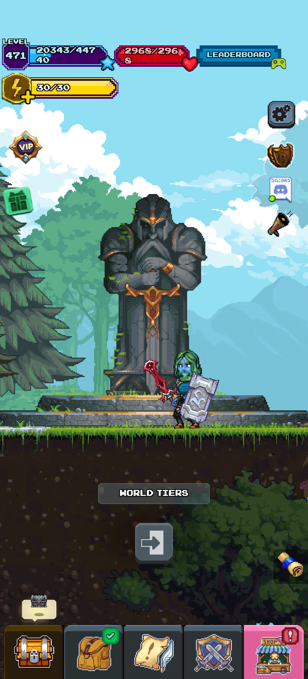 Screenshot from the mobile game Miners Settlement showing the character standing in front of a large, grey, armored statue. The statue is positioned outdoors, with green trees and a blue sky in the background. Below the statue, a prominent 'WORLD TIERS' button is visible, indicating a game mechanic related to difficulty levels. At the top of the screen, various UI elements display player stats: 'LEVEL 471' with experience points '20343/447', '2965/296' health/mana, and a 'LEADERBOARD' button. A '30/30' energy bar is also present. The bottom of the screen features an inventory bar with icons for chest, bag, map, shield, and a pink mystery box, suggesting common RPG elements. The overall image highlights a key interaction point for game progression and difficulty adjustment in Miners Settlement.