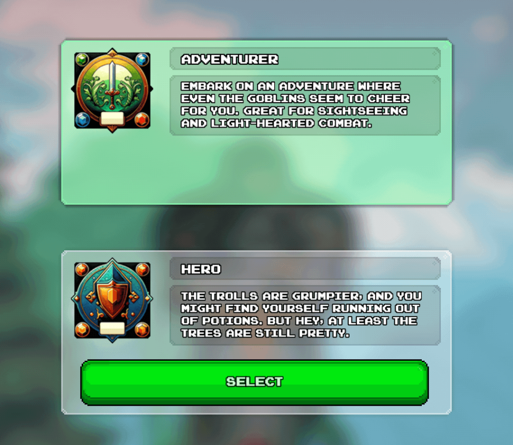 Screenshot from a mobile RPG game showing a difficulty or game mode selection screen. Two rectangular choice boxes are displayed. The top box, labeled 'ADVENTURER', features a green and gold compass-like icon and describes a 'light-hearted combat' experience 'great for sightseeing'. The bottom box, labeled 'HERO', features a blue shield icon and warns that 'trolls are grumpier' and players 'might find yourself running out of potions', indicating a higher difficulty level. Below the 'HERO' option, a prominent green 'SELECT' button is visible, prompting the player to choose their desired challenge level or World Tier.