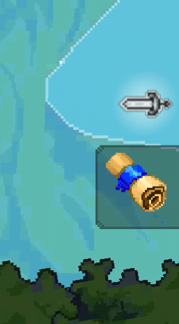 Cropped screenshot from a mobile game's user interface, showing UI elements against a pixelated background of sky and trees. In the upper right, the **World Tier icon**, a highlighted grey sword symbol with a white hilt, is displayed. Below it, the **'Scroll of Portal' icon**, a brown, rolled-up scroll tied with a blue ribbon, is visible. The image showcases typical RPG game interface elements.