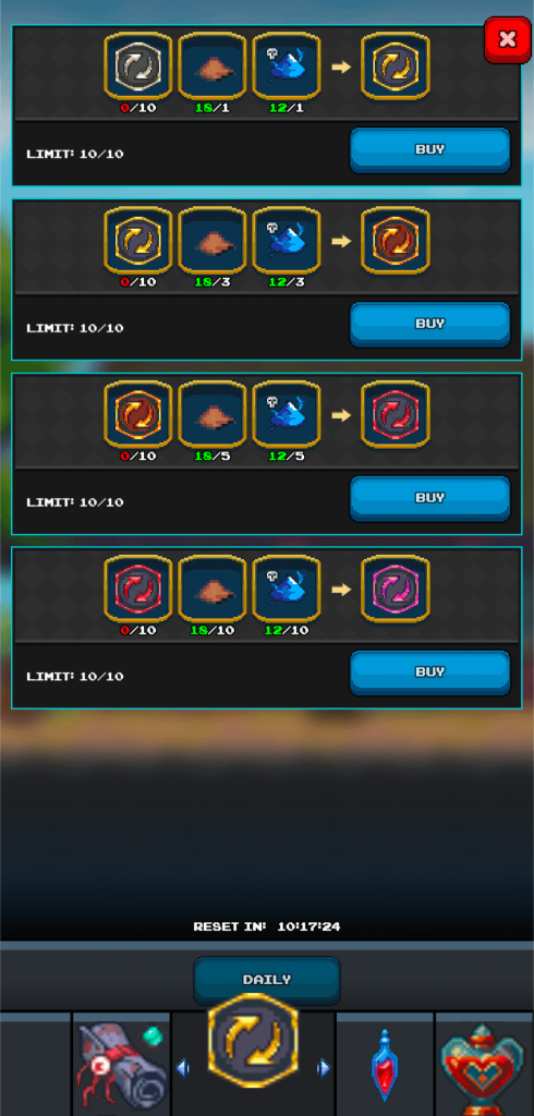 Close-up screenshot of a mobile game tooltip detailing an item called 'Gear Reroll Token (Epic)'. The tooltip features a hexagonal icon with swirling gold and purple arrows, and a text description that reads: 'This token allows you to change the quality of your equipment. It only works with items of Epic quality.' A red 'X' button for closing the tooltip is visible in the upper right corner.