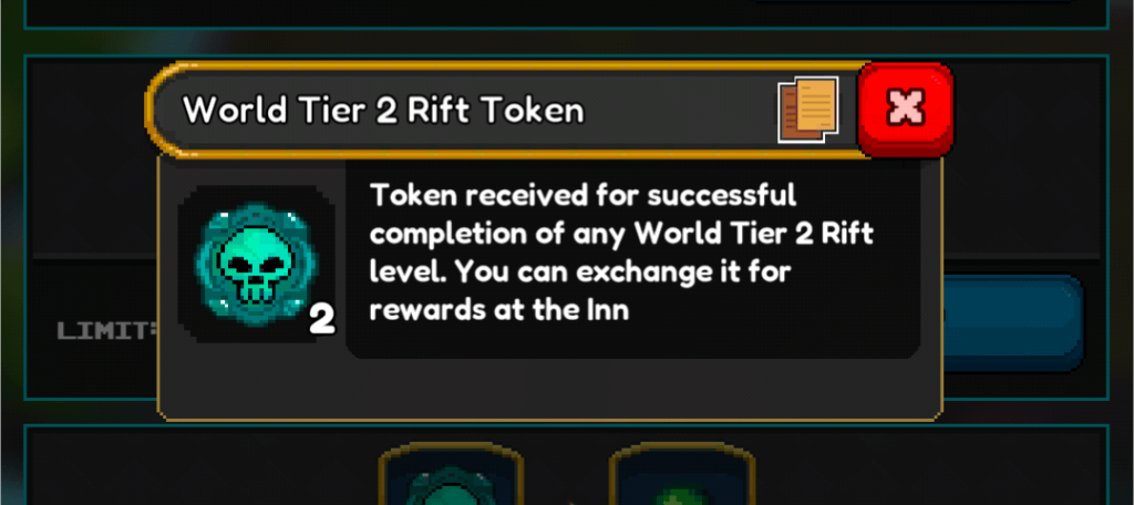 Screenshot of a mobile game tooltip displaying details for a 'World Tier 2 Rift Token'. The tooltip features a blue-green bordered hexagonal icon with a skull symbol, indicating a quantity of '2'. The text explains: 'Token received for successful completion of any World Tier 2 Rift level. You can exchange it for rewards at the Inn.' A red 'X' button is visible in the upper right corner to close the tooltip, outlining the token's acquisition and use in the game's reward system.