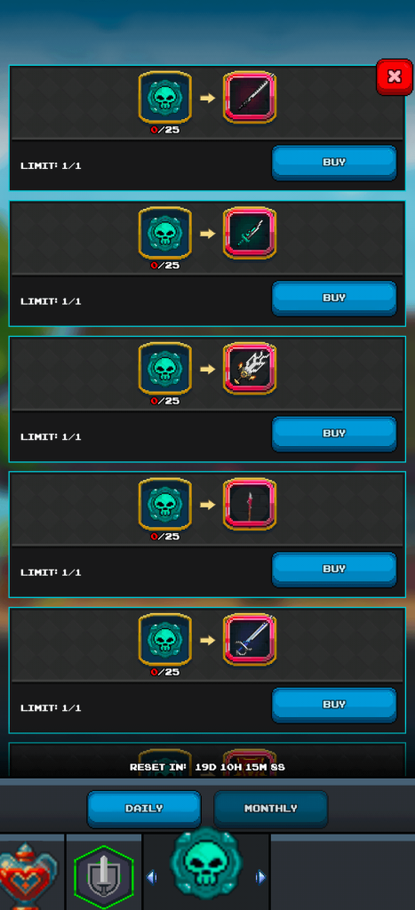 Screenshot of a mobile game's reward exchange shop, showing the 'Monthly' tab for World Tier 2 Rift Tokens. The screen presents five distinct exchange options where skull-shaped Rift Tokens (requiring '0/25' per exchange) can be traded for unique gear items, including various swords, a bow, and a staff. Each gear exchange has a strict 'LIMIT: 1/1' and a 'BUY' button. A 'RESET IN: 19D 10H 15M 55S' timer indicates a monthly refresh. The 'MONTHLY' tab is prominently highlighted in the bottom navigation bar, confirming this section offers exclusive monthly gear rewards in exchange for World Tier 2 Rift Tokens.