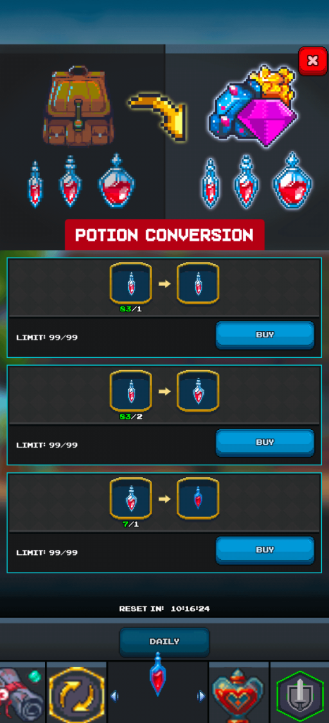 Screenshot of a mobile game's 'POTION CONVERSION' interface. The top section displays various inventory items including a backpack, key, gem, and multiple old-style blue and red potions. The main part of the screen features conversion recipes, showing specific quantities of old potions transforming into a single, new red potion type, each with a 'LIMIT: 99/99' and a 'BUY' button. A 'RESET IN: 10'16'24' timer is at the bottom of the conversion recipes. The screen aims to streamline potion inventory by allowing players to convert existing potions. A 'DAILY' tab is selected in the bottom navigation bar, alongside other feature icons.