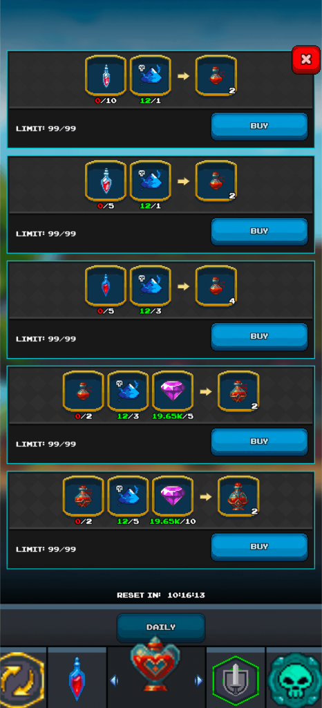 Screenshot of a mobile game's shop or crafting interface, focused on potion exchanges. The screen displays five distinct recipes, where various combinations of red potions, blue gems, and purple gems (with quantities like '17.65M/5') are exchanged for different types of red HP potions. Each recipe has a 'LIMIT: 99/99' and a 'BUY' button. A 'RESET IN: 10'16'13' timer is visible. The 'DAILY' tab is selected in the bottom navigation bar, with a heart-shaped shield icon indicating the current section, suggesting a dedicated area for crafting or acquiring health potions using specific resources.