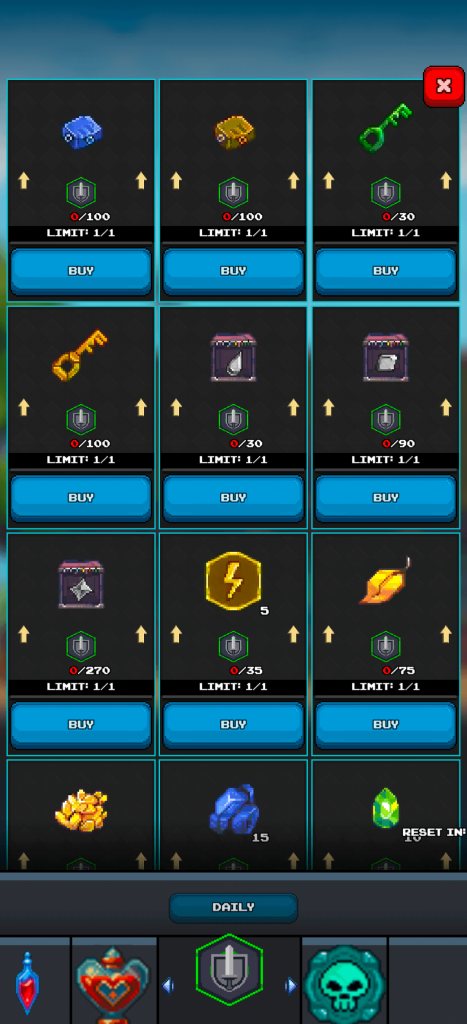 Screenshot of a mobile game's in-game shop or resource exchange interface. The screen displays a grid of available items, each with an icon (e.g., blue gem, gold bar, keys, scrolls, energy, leaves), a quantity indicator (e.g., '0/100', '0/35'), a 'LIMIT: 1/1' or 'LIMIT: 99/99', and a blue 'BUY' button. The 'DAILY' tab is selected in the bottom navigation bar, indicated by a green shield icon, showing various daily resource or item offers within the game.