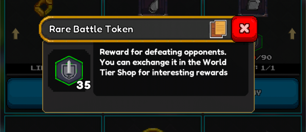 Screenshot of a mobile game tooltip providing details for a 'Rare Battle Token'. The tooltip displays a purple-bordered hexagonal icon featuring a shield symbol, with the number '35' indicating quantity. The text describes it as a 'Reward for defeating opponents' and states, 'You can exchange it in the World Tier Shop for interesting rewards.' A red 'X' button is visible in the upper right corner to close the tooltip, outlining the token's acquisition and use in the game's reward system.
