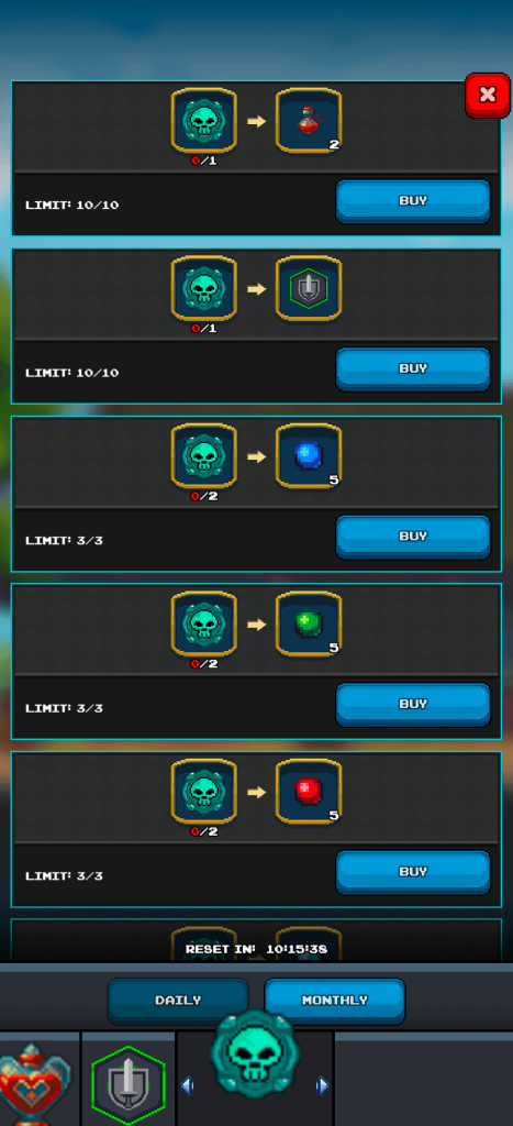 Screenshot of a mobile game's reward exchange shop, specifically for World Tier 2 Rift Tokens. The screen displays five distinct exchange recipes. Each recipe requires a skull-shaped World Tier 2 Rift Token (with quantities like '0/1' or '0/2') as input, yielding various output items such as red potions, scrolls, blue, green, or red gems. Each exchange has a purchase limit (e.g., 'LIMIT 10/10', 'LIMIT 3/3') and a 'BUY' button. A 'RESET IN: 10'15'58' timer is visible. The bottom navigation bar shows 'DAILY' and 'MONTHLY' tabs, with the skull icon tab (corresponding to the Rift Token) currently selected.