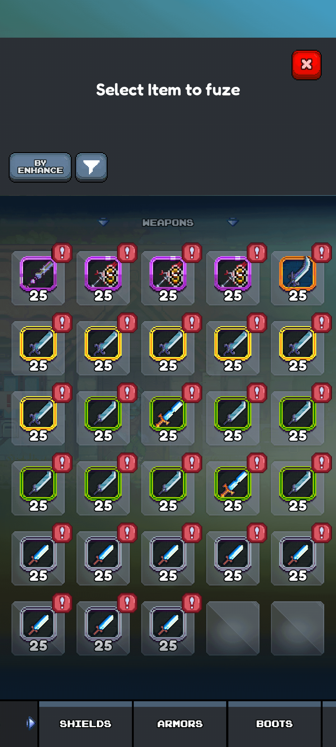Mobile game inventory screen displaying a "Select Item to Fuse" interface, featuring rows of sword weapon icons, item levels, and rarity indicators. Tabs for different gear types like Shields, Armors, and Boots are visible at the bottom.