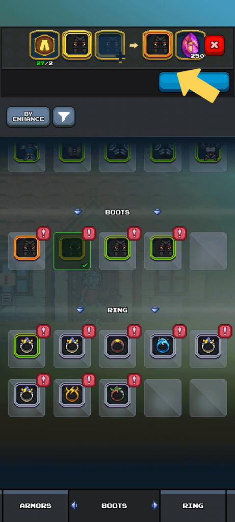 Detailed mobile game screenshot of the 'Fuse Panel' interface, showing the item fusing process. The top section displays a sequence of item progression (e.g., helmet, armor, unknown, armor) leading to a new item. Next to the final item, a purple gem material and a cost of '250' are visible, with a prominent blue 'Fuse' button highlighted by a yellow arrow. Below, the inventory is displayed with "BOOTS" and "RING" categories, showcasing various armor, boot, and ring icons with rarity borders (green, orange, purple) and level indicators. UI elements like "BY ENHANCE" and a filter icon are present, along with bottom tabs for 'ARMORS,' 'BOOTS,' and 'RING' for navigation.