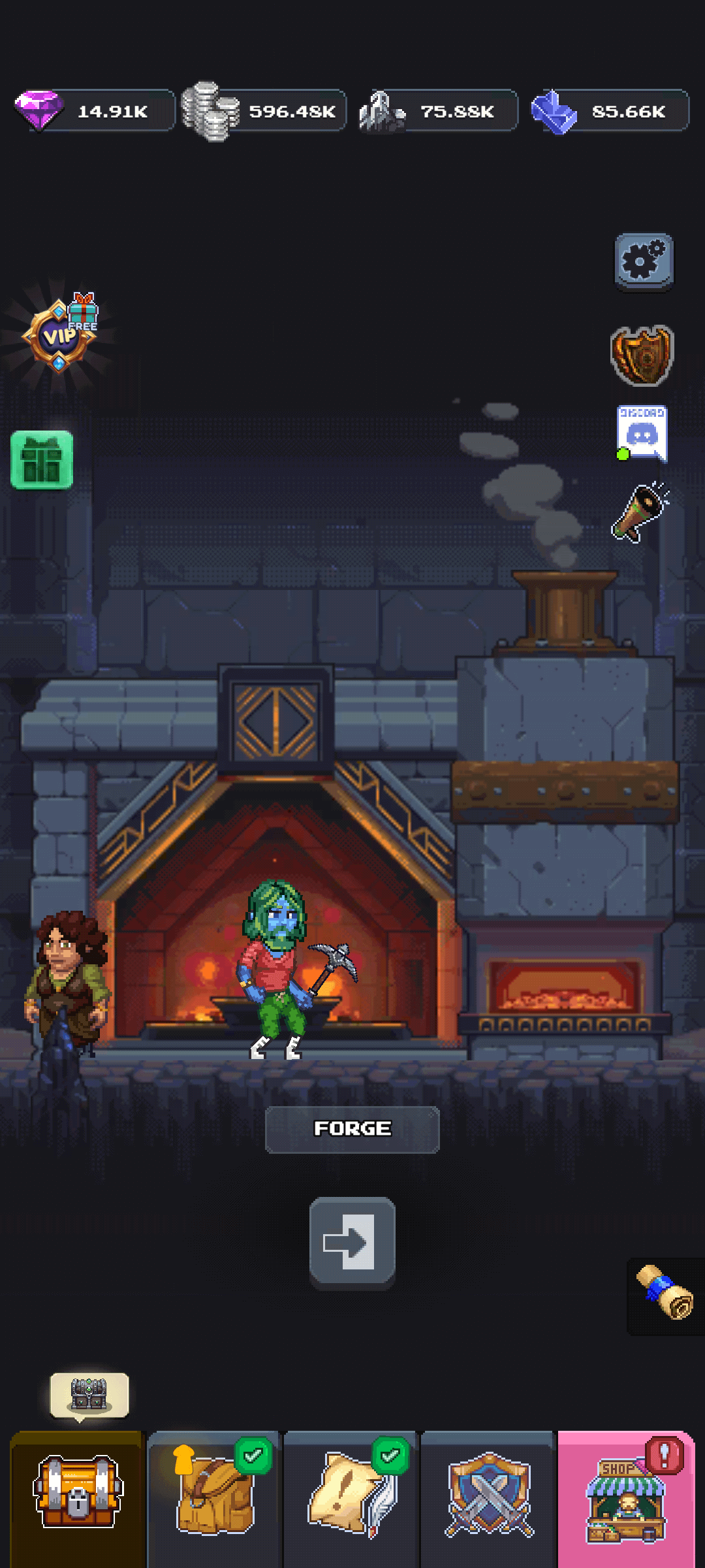 Detailed pixel art mobile game screenshot showcasing a player's base or 'Mitar's Forge' hub. The top bar displays various in-game currencies and amounts (e.g., purple gems 14.91K, silver coins 596.48K, gold coins 75.85K, green cash 5.66K). A large 'Forge' building occupies the center, featuring a green-skinned character holding a pickaxe and another human-like character. Below the forge, a 'FORGE' button is prominent. The interface also includes top-right UI elements like settings, profile, and chat icons, along with bottom navigation bar icons for chest, inventory, map/quests, combat, and shop. The text 'Mitar's Forge' is visible at the very bottom.