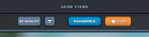 Screenshot of a game interface section titled 'GEAR ITEMS', showing four buttons: 'BY QUALITY', a funnel icon (filter), a blue 'DISASSEMBLE' button, and an orange 'FUZE' button with an anvil icon, indicating item management options.