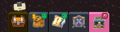 Horizontal row of game menu icons in Miners Settlement: a highlighted golden treasure chest, a brown leather bag, a rolled scroll, a shield with crossed swords (representing inventory), and a pink shop booth. The satchel and scroll icons have green checkmarks, while the shop has a red exclamation mark, indicating new content or attention required.