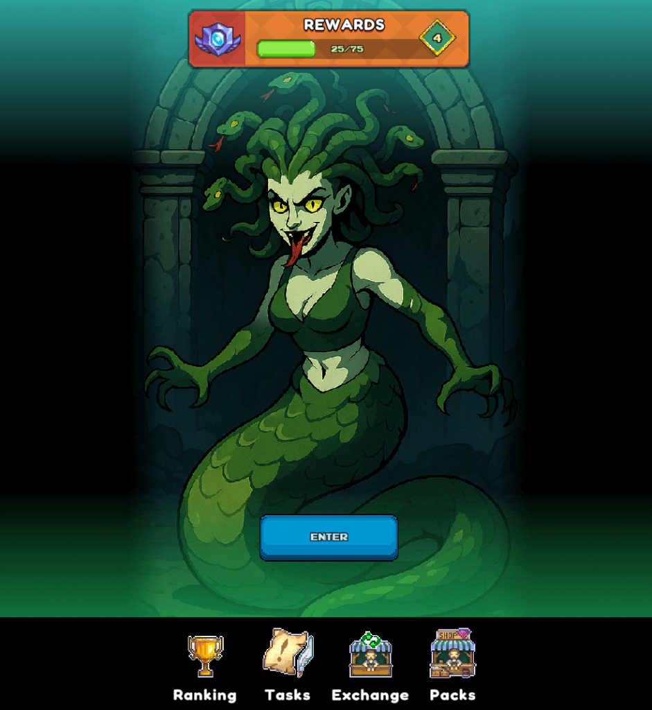 A screenshot from a game's event screen, set in a dark, stone dungeon-like environment with a green-blue mystical glow. Dominating the center of the screen is a large, fearsome female character resembling Medusa, with green skin, glowing yellow eyes, sharp teeth, and numerous green snakes for hair. Her lower body is a large, green, scaled serpent's tail.
At the very top of the screen, a horizontal bar is labeled "REWARDS" in orange. To the left of "REWARDS," there's a purple shield icon, and to the right, a green progress bar shows "25 / 75" with a small green hexagon displaying the number "4".
Centered below the Medusa character is a large, prominent blue "ENTER" button.
At the bottom of the screen, there is a navigation bar with four icons and labels: a golden trophy icon labeled "Ranking", a scroll icon labeled "Tasks", a two-hands-exchanging-items icon labeled "Exchange", and a marketplace tent icon labeled "Packs".