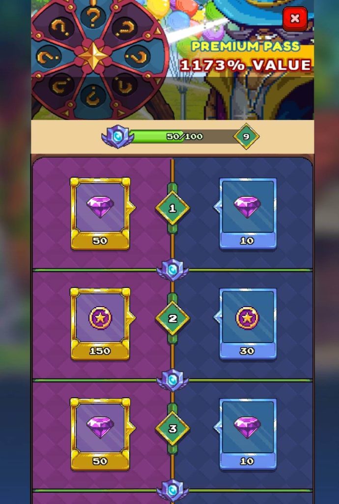 A colorful mobile game screen displaying a "PREMIUM PASS" interface with tiers of rewards.

At the very top of the screen partially visible is a section from what appears to be a "Fortune Festival" or "Lottery" event showing a portion of a wheel with question marks and balloons in the background along with a red 'X' button to close. Below this there's a text overlay stating "PREMIUM PASS 1173% VALUE".

Below this top section a horizontal bar shows "50/100" progress with a green '9' in a diamond shape to the right and a purple crest icon on the left indicating progress in the "EVENT PASS".

The main part of the screen is divided into three distinct horizontal reward tiers each with a purple and dark grey background:

Each tier features:
A reward on the left in a gold-framed square.
A green diamond icon in the center with a number (1 2 or 3) indicating the tier level.
A reward on the right in a blue-framed square.

Specifically the rewards shown are:
Tier 1: A purple diamond gem with "50" below it on the left and a smaller purple diamond gem with "10" below it on the right.
Tier 2: A gold star icon with "150" below it on the left and a smaller gold star icon with "30" below it on the right.
Tier 3: A purple diamond gem with "50" below it on the left and a smaller purple diamond gem with "10" below it on the right.

Vertical lines and small purple gem icons connect the tiers suggesting a progression path.