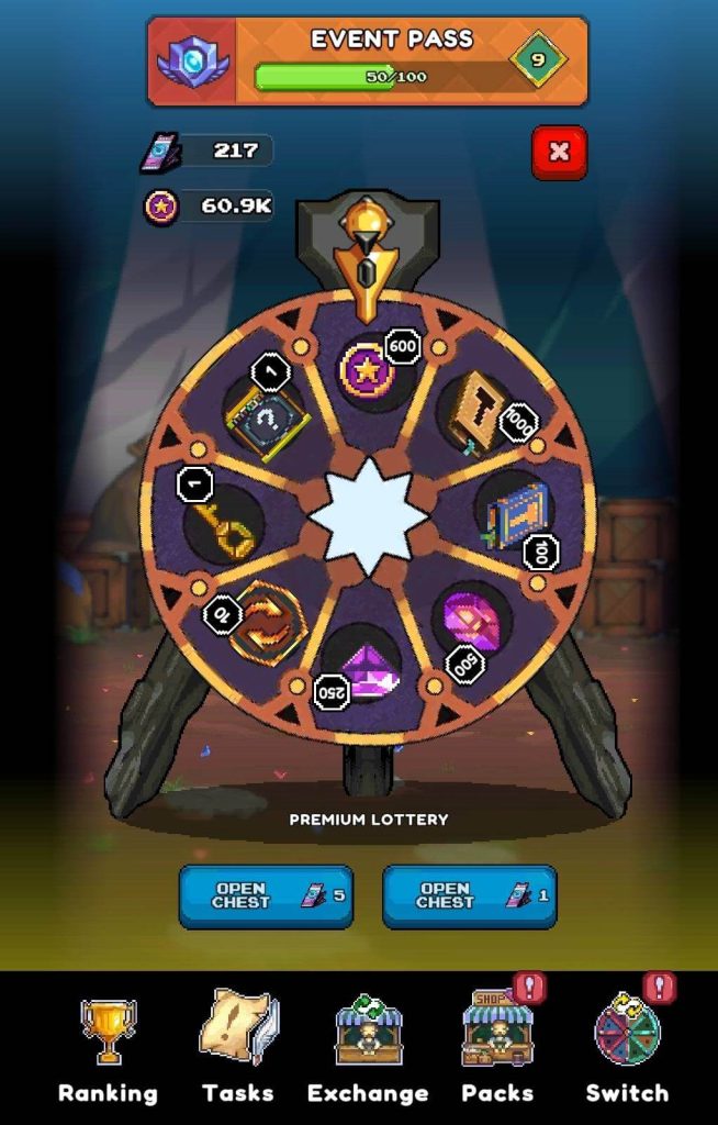 
A full-screen mobile game interface displaying an "EVENT PASS" and a "Premium Lottery" wheel, set against a blurred background that hints at a wooden interior or storage area.

At the top of the screen:
A banner labeled "EVENT PASS" shows a progress bar filled to about halfway, with "50/100" and a '9' in a green diamond shape on the right side. There's also an icon on the left resembling a purple crest.
Below the "EVENT PASS" are game resource displays: "217" next to a phone-like icon, and "60.9K" next to a coin icon. A red 'X' button is in the top right for closing the screen.

The central part of the screen features a large, dark purple and brown "Premium Lottery" wheel.
The wheel is divided into eight segments, each containing a different reward or resource icon (e.g., gems, keys, currency, or other game items), along with a number indicating the quantity or value (e.g., "600", "500", "10", "05").
In the very center of the wheel is a bright white star.
An arrow or pointer at the top indicates the winning segment.

Below the wheel, there are two blue "OPEN CHEST" buttons, each with a count next to them:
The left button has "5" next to it.
The right button has "1" next to it.

At the very bottom of the screen, there's a navigation bar with five icons and labels:
Trophy icon labeled "Ranking"
Map icon labeled "Tasks"
Two shop/building icons labeled "Exchange" and "Packs"
A segmented wheel icon labeled "Switch"