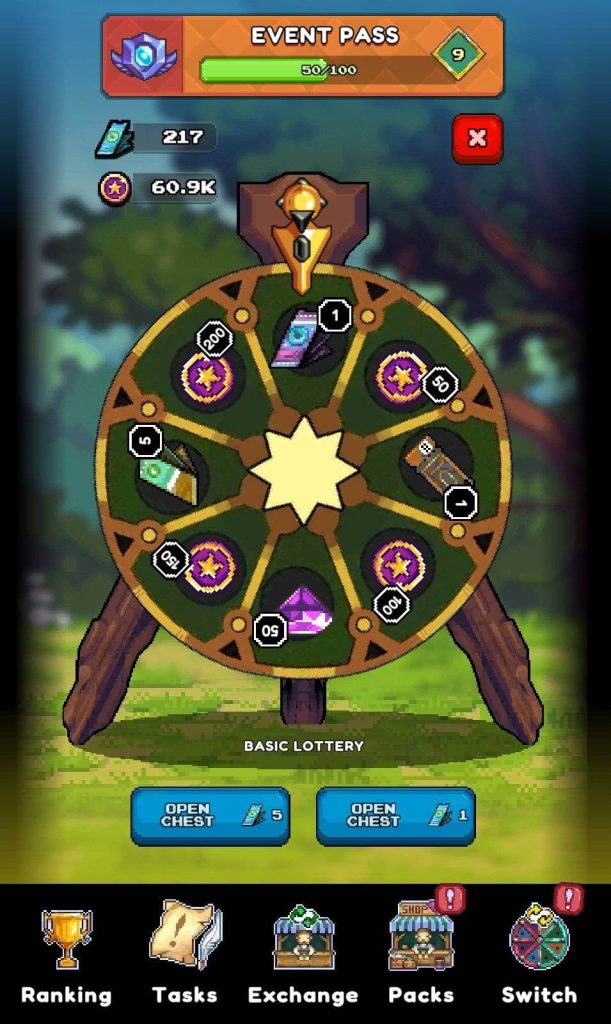 A full-screen mobile game interface displaying an "Event Pass" and a "Basic Lottery" wheel.

At the top of the screen:
A banner labeled "EVENT PASS" shows a progress bar filled to about halfway with "50/100" and a '9' in a green diamond shape on the right side. There's also an icon on the left resembling a purple crest.
Below the "EVENT PASS" are game resource displays: "217" next to a phone-like icon and "60.9K" next to a coin icon. A red 'X' button is in the top right for closing the screen.

The central part of the screen features a large green and brown "Basic Lottery" wheel.
The wheel is divided into eight segments each containing a different reward or resource icon (e.g. currency shards or other game items) along with a number indicating the quantity or value (e.g. "200" "50" "10" "05").
In the very center of the wheel is a bright yellow star.
An arrow or pointer at the top indicates the winning segment.

Below the wheel there are two blue "OPEN CHEST" buttons each with a count next to them:
The left button has "5" next to it.
The right button has "1" next to it.

At the very bottom of the screen there's a navigation bar with five icons and labels:
Trophy icon labeled "Ranking"
Map icon labeled "Tasks"
Two shop/building icons labeled "Exchange" and "Packs"
A segmented wheel icon labeled "Switch"