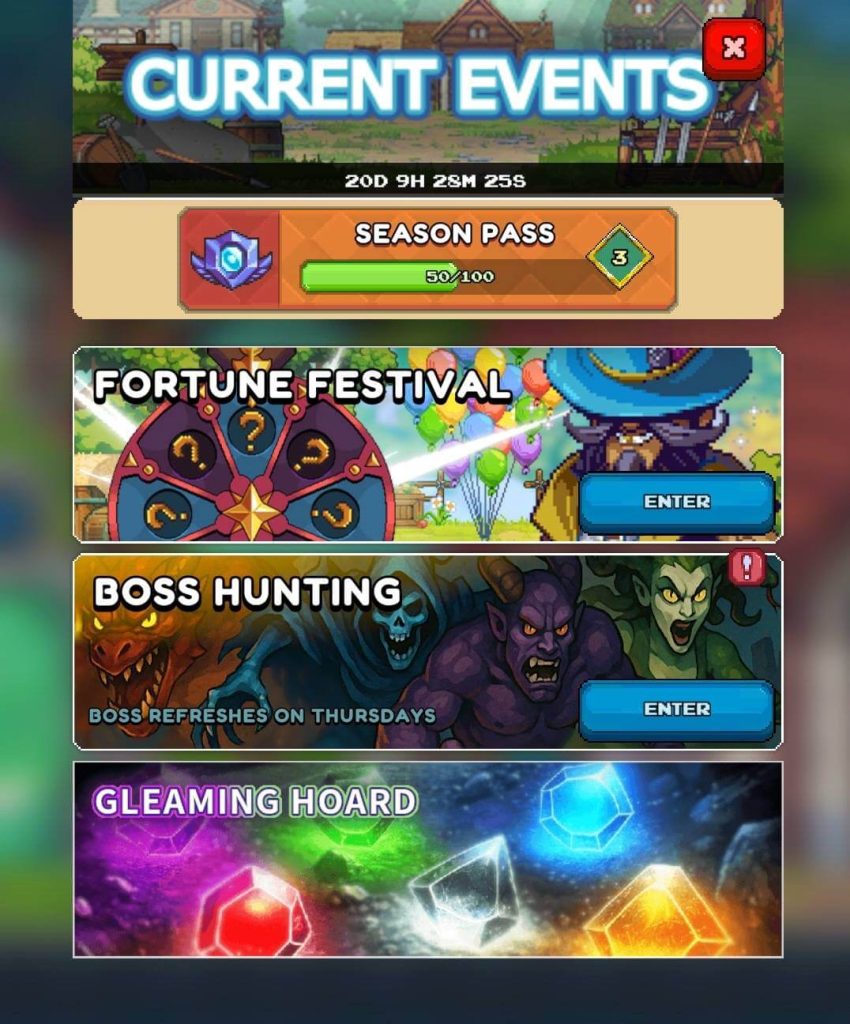 A vertical panel from the game "Miners Settlement" titled "CURRENT EVENTS" at the top with a red 'X' button in the top right corner to close it. Below the title there's a timer displaying "20D 9H 2M 2S".

The panel lists several ongoing events:

SEASON PASS This section shows a progress bar labeled "50/100" with "3" next to it indicating the current level or tier. There's an icon resembling a purple crest with a white symbol on the left.

FORTUNE FESTIVAL A colorful banner depicting a carnival-like scene with balloons a wizard-like character and various fortune-telling elements. A prominent "ENTER" button is on the right.

BOSS HUNTING A dark menacing banner featuring three monstrous figures: a blue-skinned skeletal creature a red-skinned demon and a green-skinned serpentine creature. Below them text reads "BOSS REFRESHES ON THURSDAYS". An "ENTER" button is on the right with a red exclamation mark icon above it.

GLEAMING HOARD The bottom section features a vibrant image of various glowing multi-colored gems (purple blue green and orange) suggesting a treasure or resource-gathering event though there's no "ENTER" button visible for this one implying it might be informational or a passive event.
