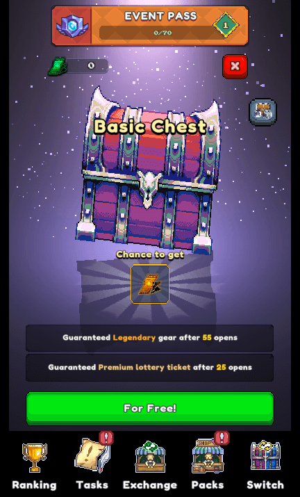 A vertical screenshot from the mobile game "Miners Settlement," displaying the "Basic Chest" screen, part of the "New Order" event. The background is a dark purple with subtle light speckles, creating a cosmic or magical effect. At the top, a red banner reads "EVENT PASS" with "0/70" progress displayed below, and to its right, a green diamond icon with the number "1" indicates the current level. Below this, a green gem icon and the number "0" indicate a currency, and a red "X" button is visible for closing the screen.

The central focus is a large, ornate "Basic Chest" in pixel art style. It's predominantly purple with golden metallic accents, iron bands, and a prominent silver lock with a skull motif. Below the chest, the text "Chance to get" is displayed, pointing to an icon of a golden boot, suggesting a possible reward.

Two notable guarantee messages are visible below the boot icon: "Guaranteed Legendary gear after 55 opens" and "Guaranteed Premium lottery ticket after 25 opens." At the bottom of the screen, a large, vibrant green button with rounded corners reads "For Free!".

The bottom navigation bar features five icons: a golden trophy labeled "Ranking," an open scroll with an exclamation mark labeled "Tasks," a market stall labeled "Exchange," another market stall with an exclamation mark labeled "Packs," and a stack of colorful gift boxes with an exclamation mark labeled "Switch."