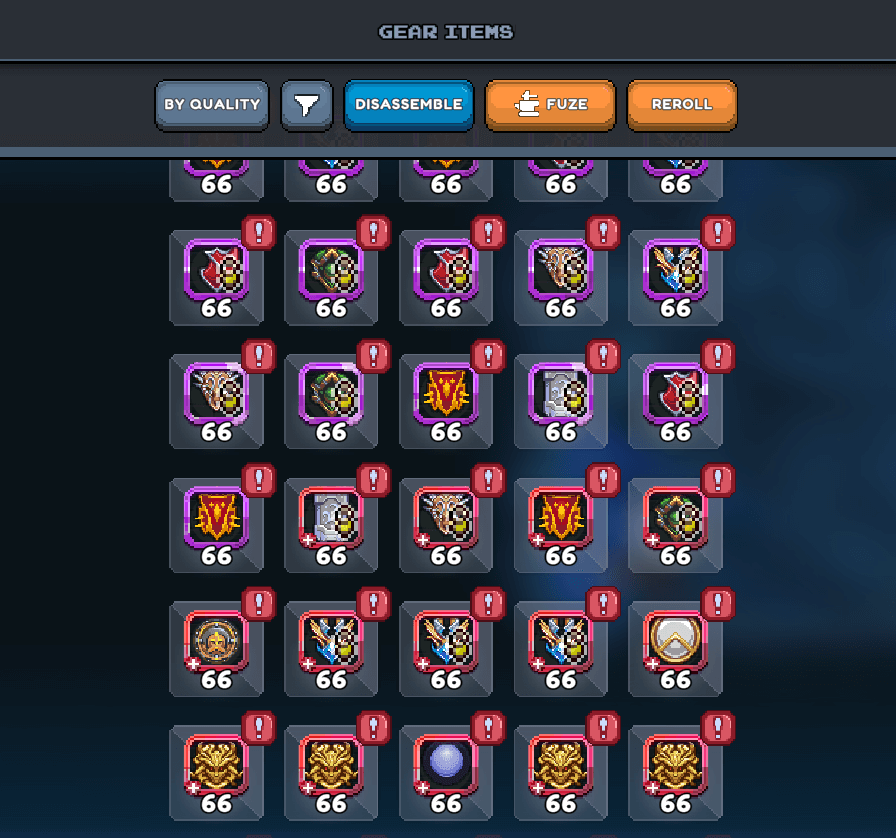 A screenshot of a game's inventory or gear management screen, titled "GEAR ITEMS" at the top center. The main area displays a grid of 25 hexagonal item icons, arranged in five rows and five columns. Each item has a white circle with the number "66" at its bottom, likely indicating a level or quantity. Many of these item icons also have a small red exclamation mark in the upper right corner, typically signifying new or unequipped items. Above the grid, there are three prominent action buttons: a blue "DISASSEMBLE" button, an orange "FUZE" button, and a red "REROLL" button. To the left of these, there's a button labeled "BY QUALITY" and a filter icon. The items themselves vary in appearance: the first two rows are primarily composed of items with purple borders and intricate designs, suggesting a certain rarity or type. The third and fourth rows feature items with red and gold highlights, often displaying symbols like a flaming sword or a horned helmet, indicating a different category or higher rarity. The bottom row consists mostly of golden, shield-like items with a lion's head emblem, alongside one prominent light blue, spherical orb. The background of the interface is dark, with lighter grey elements for buttons and frames.