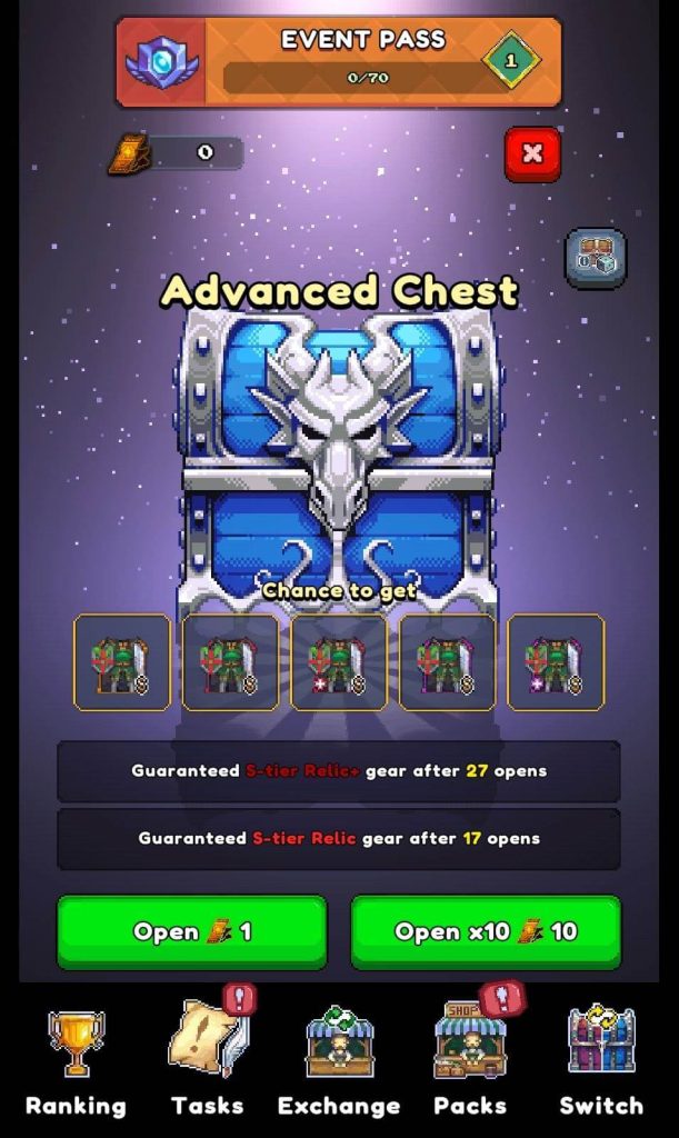 A screenshot of a mobile game interface displaying the "Advanced Chest" screen. The background is a dark, starry purple. At the top, there's a red "EVENT PASS" bar with a progress indicator (0/70) and a level '1'. Below this, a small icon with a "0" next to it (likely currency) and a red "X" button are visible. The central focus is a large, blue, and silver chest labeled "Advanced Chest." It's ornately designed with a prominent silver dragon head emblem on the front. Below the chest, text reads "Chance to get," followed by five small icons of a green and brown "Random Gear Box," suggesting potential drops. Below the chest and item icons, there are two gray rectangular buttons with white text: "Guaranteed S-tier Relic+ gear after 27 opens" and "Guaranteed S-tier Relic gear after 17 opens." At the bottom of the screen are two large, vibrant green buttons: "Open x1" with a small red icon and the number "1" (likely indicating the cost in Premium Tickets), and "Open x10" with a small red icon and the number "10" (indicating the cost for a 10-pull). The very bottom of the screen features a navigation bar with five icons and labels: "Ranking" (trophy icon), "Tasks" (scroll icon with an exclamation mark), "Exchange" (two figures exchanging goods, with an exclamation mark), "Packs" (shop icon), and "Switch" (two boxes with arrows).