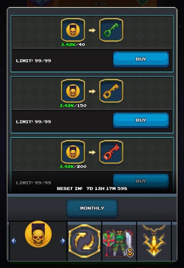 A screenshot of a mobile game's "Server Shop" interface, designed for exchanging event currency for rewards. The background is a dark, metallic gray with a subtle grid pattern. The main part of the screen displays three distinct exchange offers, each presented in a dark rectangular panel. The top panel features a golden square icon on the left with a stylized skull, connected by a green arrow to a second golden square icon depicting a green, ornate key. Below the skull icon, the text "3.42K/40" is visible in green, indicating the player's current currency (3.42K) and the cost (40) for the item. Below this exchange, "LIMIT: 99/99" is displayed, likely showing the purchase limit for this item. A light blue "BUY" button is on the right. The middle panel, similar in layout to the top, shows the same skull icon connected by an arrow to a golden, more ornate key icon. The cost displayed is "3.42K/150". Below this, "LIMIT: 99/99" is also shown, with a "BUY" button on the right. The bottom panel again shows the skull icon connected by an arrow to a golden icon of a red, intricate key or perhaps a tool. The cost is "3.42K/200". Below, "LIMIT: 99/99" is displayed, followed by a timer "RESET IN: 7D 13H 17M 59S", indicating when these shop offers will refresh. A "BUY" button is on the right. Below these exchange panels, there's a large blue button labeled "MONTHLY", suggesting a different category of shop items. At the very bottom of the screen, there's a horizontal row of distinct item categories or tabs, with a gold border around the currently selected one. From left to right, these icons are: a golden skull (currently selected), a hexagonal icon with a golden curved arrow/refresh symbol, a hexagonal icon showing a fully armored, green character with a sword and shield, and a golden icon depicting a pair of wings or a golden crest. The overall design is clean and functional, typical of in-game shops, clearly presenting the items available for purchase with the event currency.