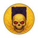 A close-up image of a pixel-art style icon representing the event currency for the "New Order" event in the game Miners Settlement. The icon is a golden, circular coin or medallion with subtle, etched wing-like patterns on its surface. Dominating the center is a highly detailed golden skull with menacing, glowing red eyes. Behind the skull, partially obscured, is a dark purple, tattered banner or flag. The entire icon is set against a plain, dark background.