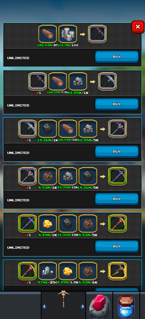 Screenshot from Miners Settlement showing the Blacksmith’s Forge shop. The interface displays item exchanges where players can trade resources for different tiers of pickaxes. Each row presents crafting requirements, costs, and a buy button, highlighting the new Blacksmith Forge shop system.