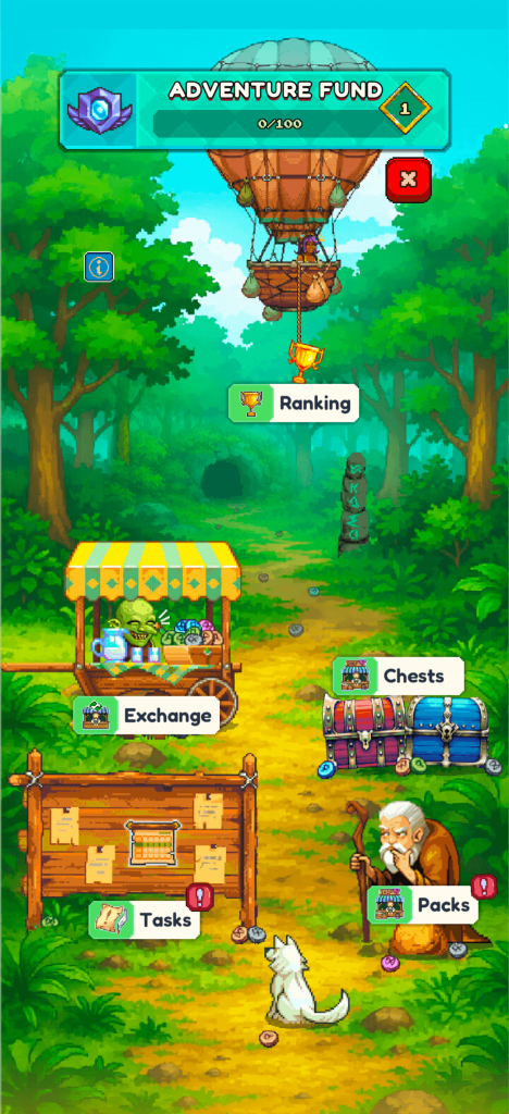 Screenshot from Miners Settlement showing the interior of Navi's Airport. The scene features a hot air balloon above a forest clearing with interactive panels: Adventure Fund, Ranking, Exchange, Chests, Tasks, and Packs. The update introduces new functions and rewards within Navi's Airport.